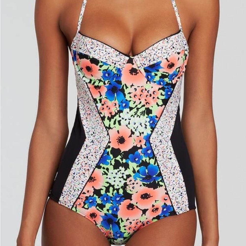 Shoshanna Color Block Retro Halter One Piece 6